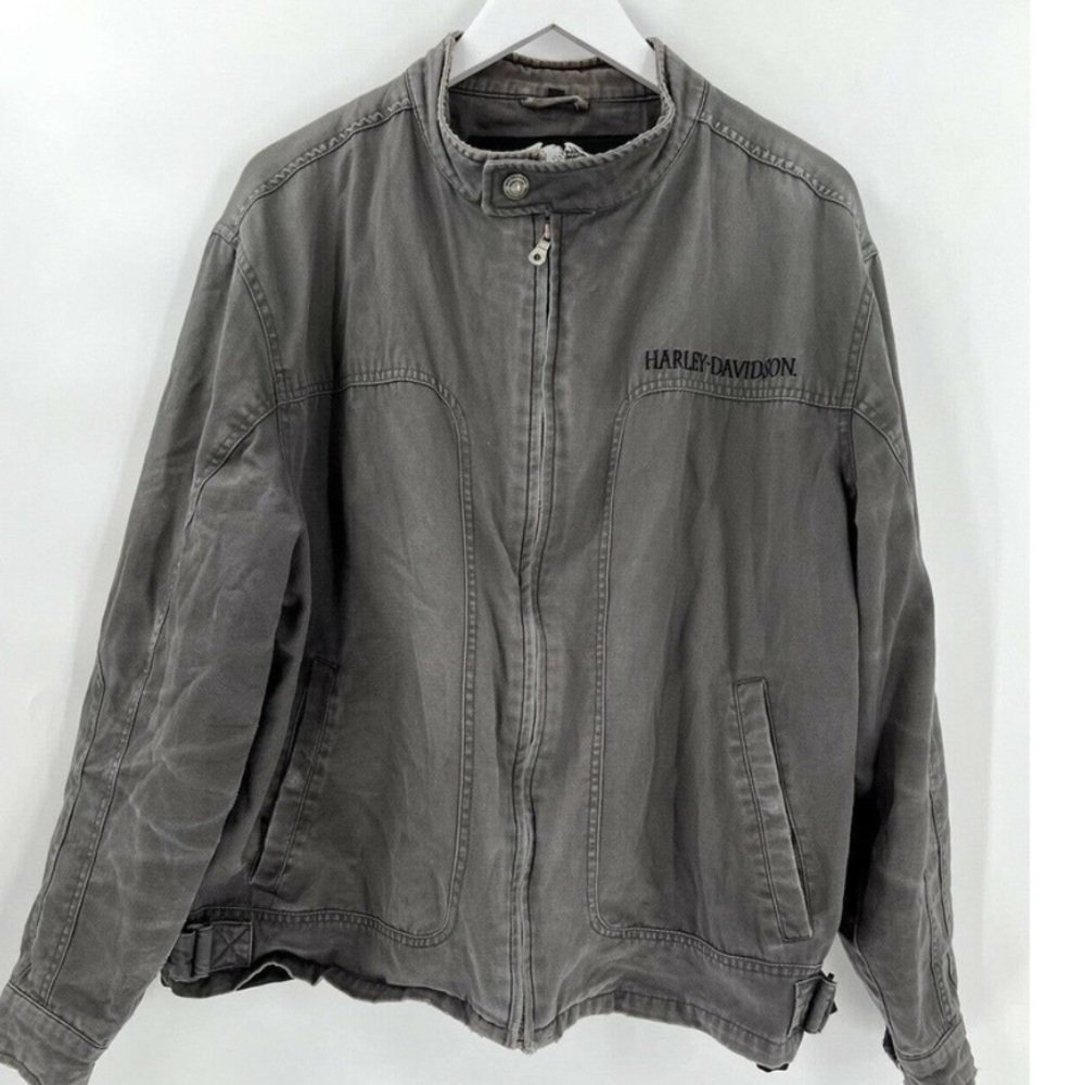 Harley Davidson Gray Green Logo Jacket Mens M/L Embroidered Back Full Zip Denim